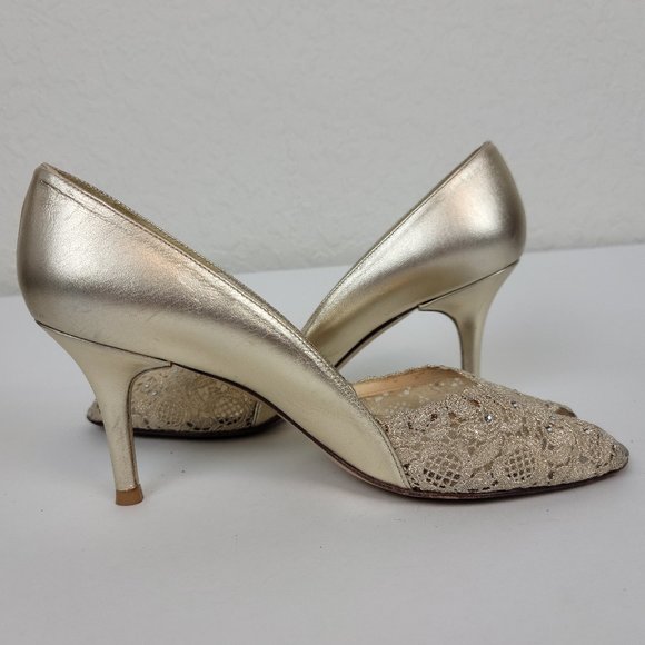 Stuart Weitzman Vintage Gold Lace Peep Toe Leather Sole Heel Made in Spain - Picture 7 of 11